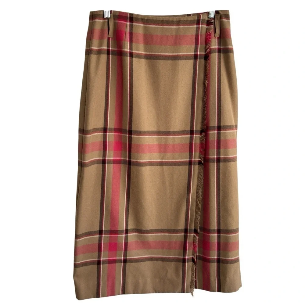 Vintage Evan-Picone Maxi Skirt Womens Size 6 Plaid Faux Wrap Fringe Fully Line